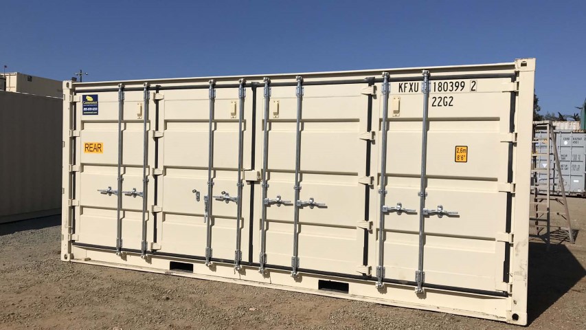 cargo side doors on shipping container storage container blue sky cream color metal container
