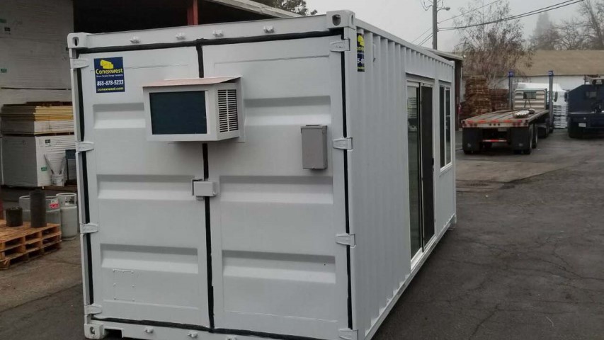 AC unit inside shipping container storage container cargo doors grey color shipping container storage container grey streets
