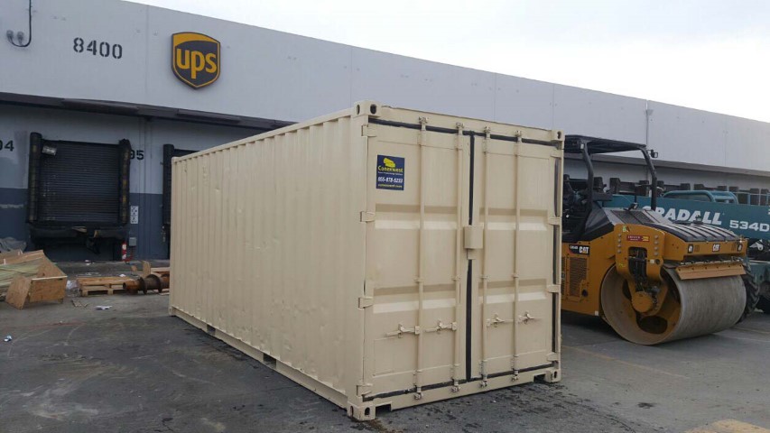 cream color ups shipping container storage container conexwest sticker cargo doors rolling machine