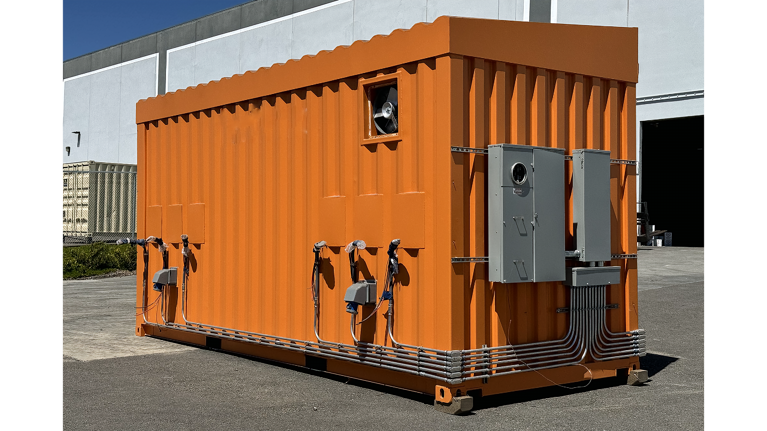 Orange 20ft shipping container with customized electrical package