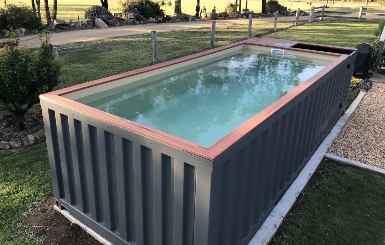 Shipping container swimming pool blue water conexwest