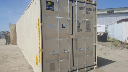 A 40-ft high cube (9.5 ft) storage container with doors on both ends.